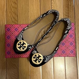 Tory Burch Mini Cap-Toe Ballet Stamped Snake Printer Leather, Size 7